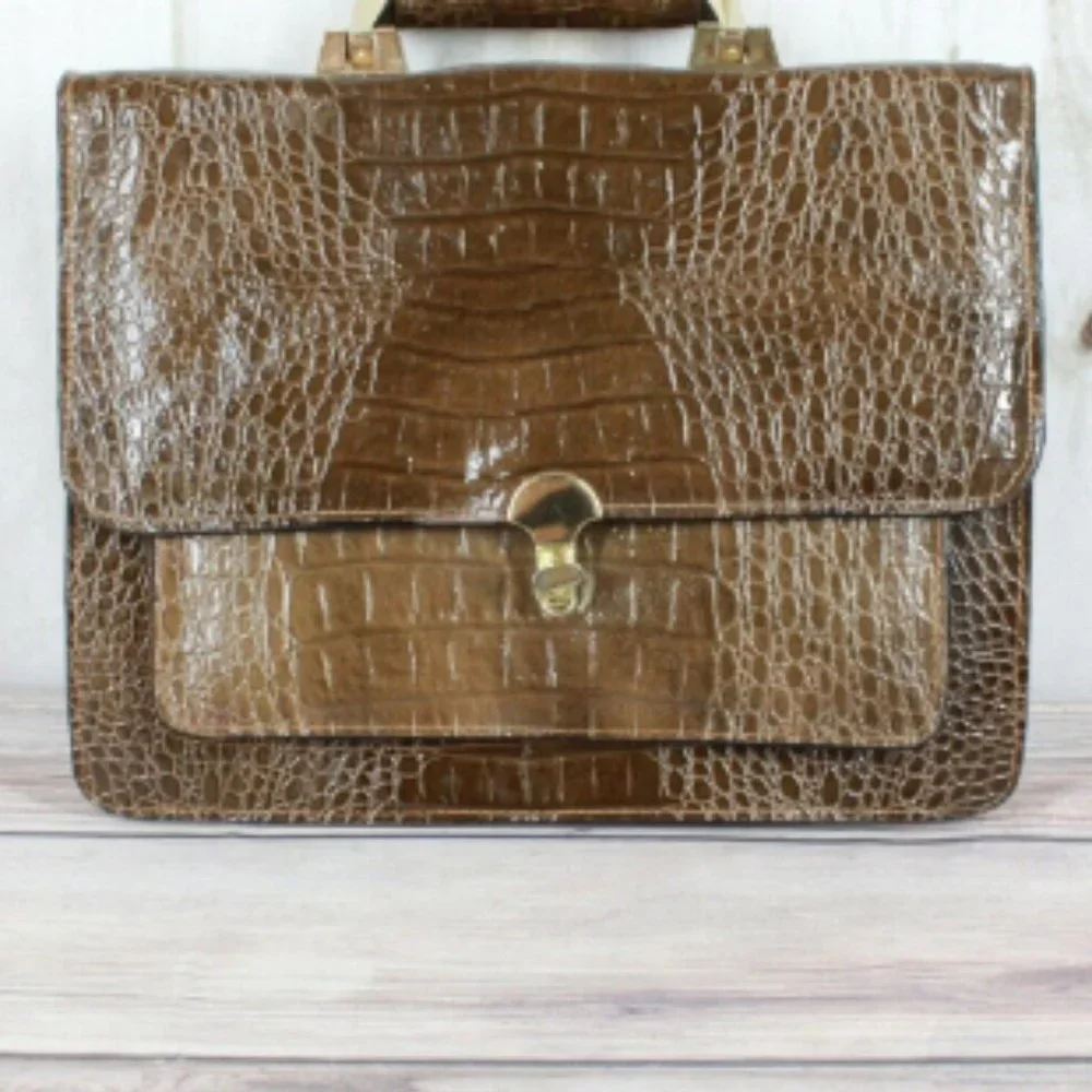 Vintage Brown Croc Leather Briefcase Document with Strap Shoulder Bag - Picture 2 of 7